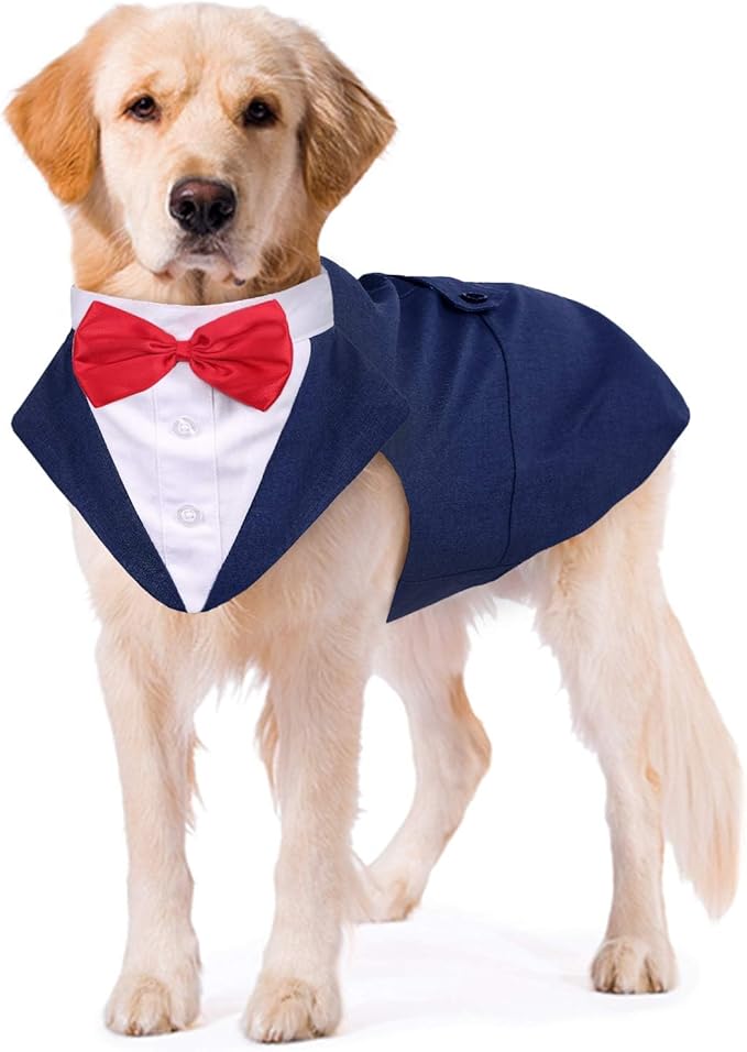 Kuoser Dog Tuxedo Dog Suit and Bandana Set, Dogs Tuxedo Wedding Party Suit, Doggy Prince Bow Tie Shirt Formal Pet Wedding Attire for Large Medium and Small Dogs Golden Retriever Samo Bulldogs