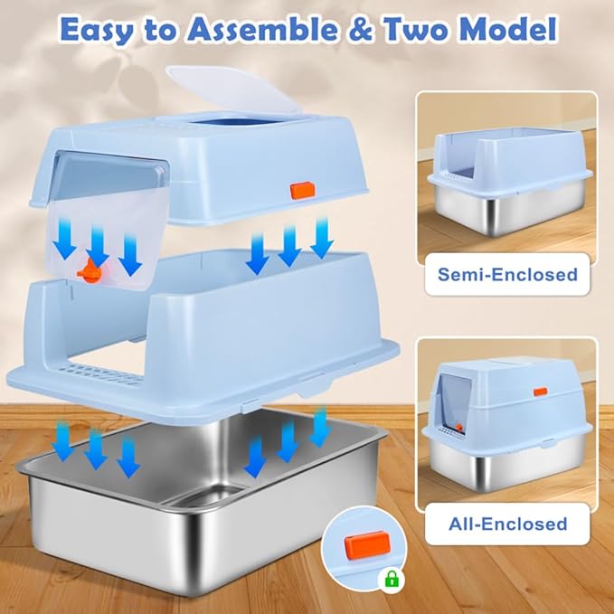 Vivifying Stainless Steel Litter Box with Lid, XL Front Entry Enclosed Extra Large Litter Box for Big Cats & Kitty, Top Exit Metal Cat Pan with Scoop, Mat, Step, Charcoal Filter (Blue)