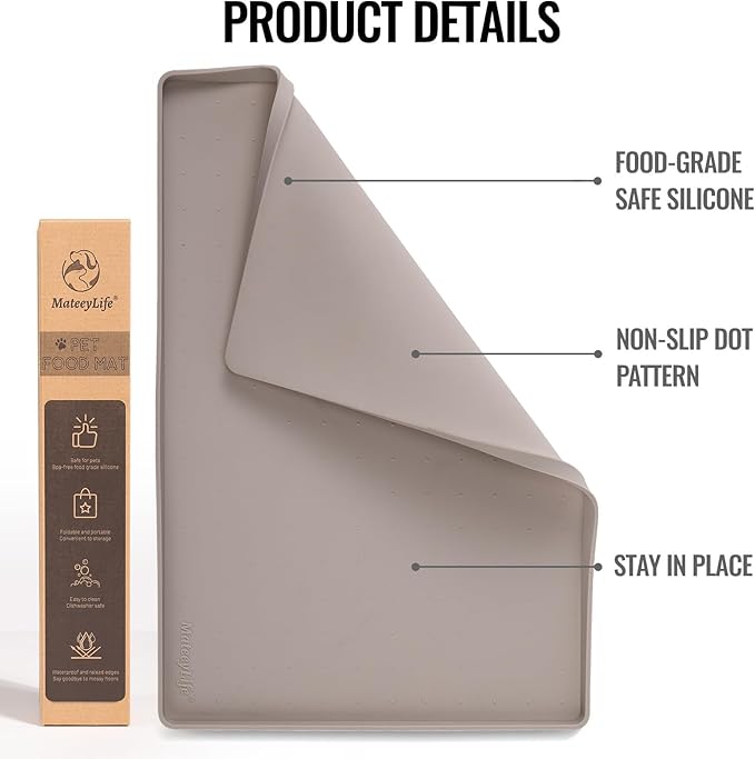 MateeyLife Dog & Cat Food Mat - Waterproof, Nonslip, Raised Edges, Silicone Tray for Messy Drinkers, 18"x12", Taupe
