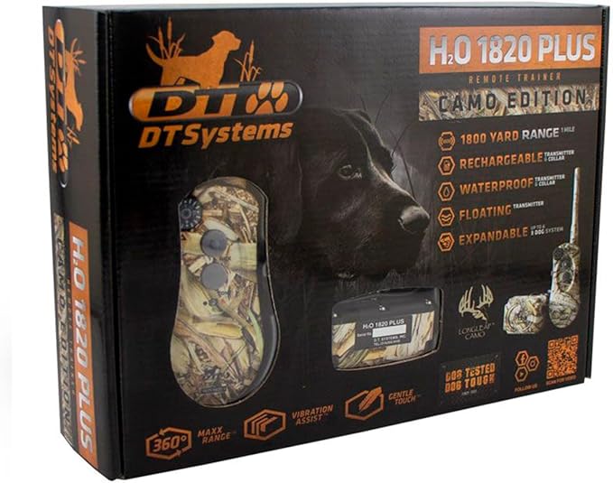 DT SYSTEMS H2O1820 Plus E-Collar, Waterproof Rechargeable Expandable Remote Dog Trainer, 16 Stimulation Levels, Vibration Assist, Mossy Oak Blades
