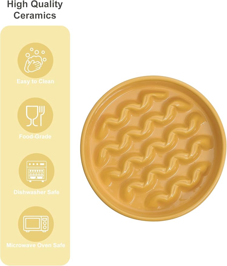 Ceramic Maze Dog Slow Feeder with Non-Slip Silicone Rim – Heavy-Duty Stoneware Bowl with Puzzle Pattern for Bloating & Obesity Prevention (Yellow-S)