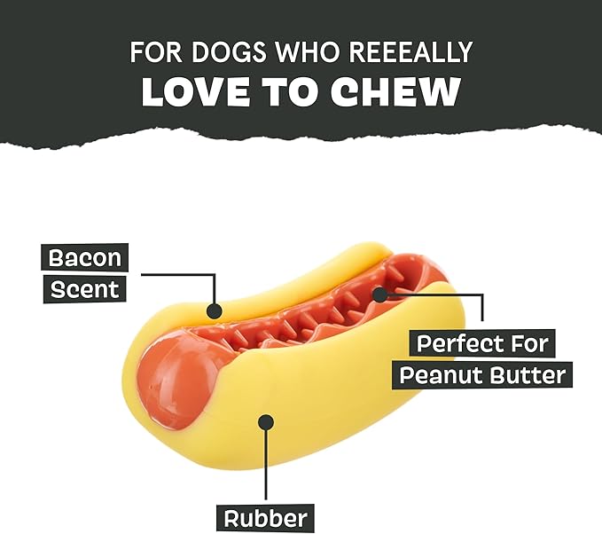 Barkbox Treat Meat Hot Dog Dog Toy | Bacon-Scented Rubber Chew Toy for Medium Dogs | Durable Dog Toys for Aggressive Chewers & Puppy Teething Toys