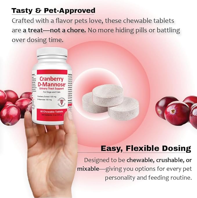 Cranberry D-Mannose Urinary Tract Supplement for Dogs & Cats – Bladder & UTI Health Support – Cranberry Extract, D-Mannose & Vitamin C–Promotes Urinary Wellness & Kidney Function – 60 Chewable Tablets
