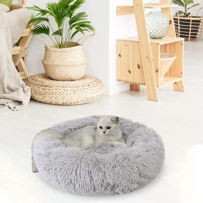 Large Cat Beds for Indoor Cats - Dog Bed Washable 24 inches for Small Medium Dogs, Anti Anxiety Round Fluffy Plush Faux Fur Cat Bed, (Large 24" L x 24" W)