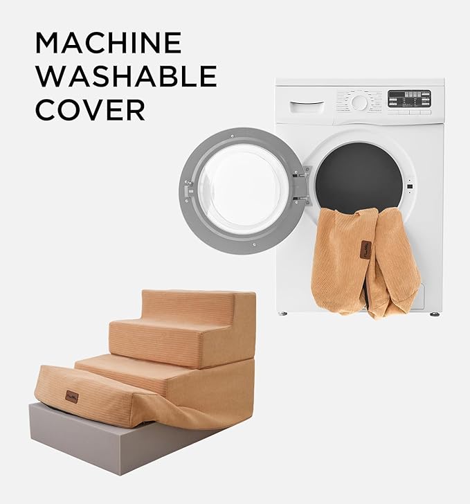 Made4Pets Dog Stairs for High Bed, Extra Wide Pet Stairs for Bed Couch Sofa, 35D Foam Pet Steps for Small Dogs and Cats(Up to 40lbs), Non-Slip Bottom Dog Steps, Tan, 5 Steps