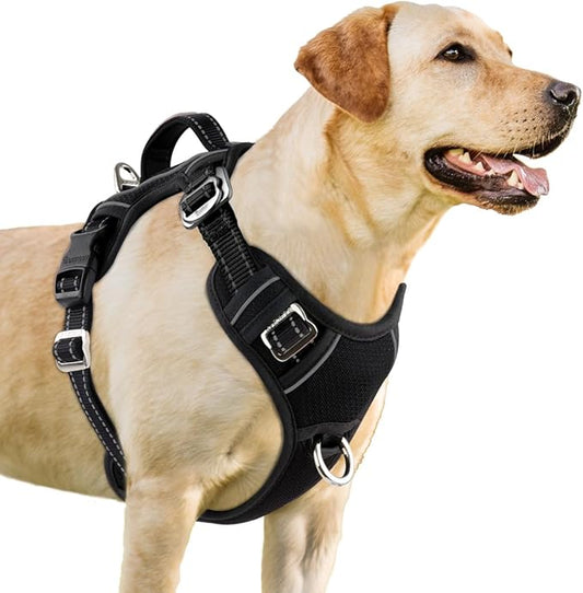 BARKBAY No Pull Dog Harness 3 Buckles Large Reflective Dog Harness with Front Clip and Easy Control Handle for Walking Training Running with ID tag Pocket(Black,S)