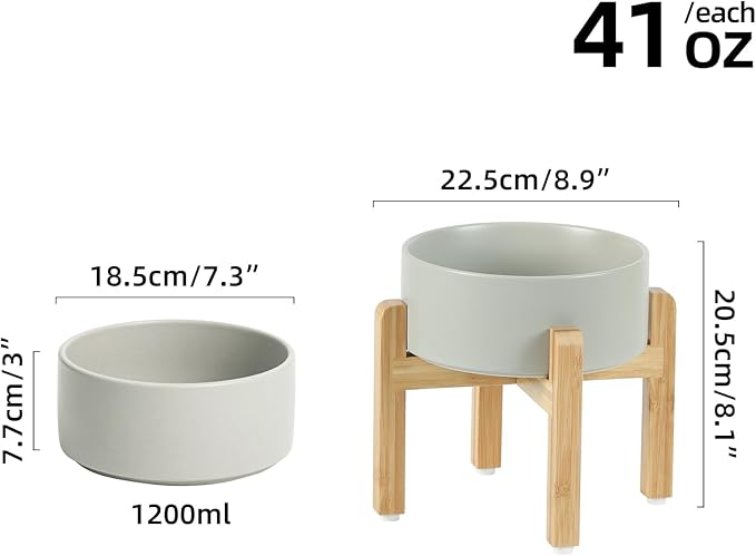 Ceramic Raised Dog Bowl Set, Elevated with Stand, Food and Water Bowl for Medium Breed Dogs, Weighted Dog Dishes, Pet Bowl(7.3'',41OZ, Grey)