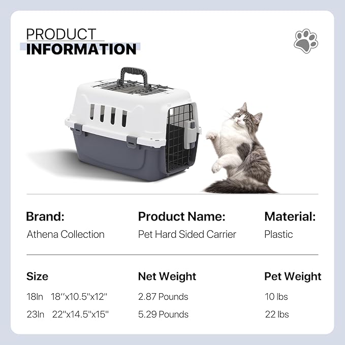 Athena Collection 18" Hard-Sided Travel Pet Carrier for Small Dogs and Cats, Plastic Dog Crate with 2-Door Top & Front Load & Ventilation & Security Lock, Cat Dog Carrier for Pet, up to 10lbs, Grey