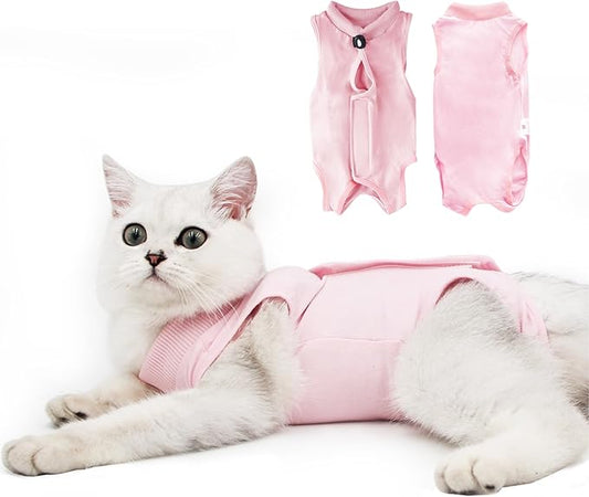 DOTON Cat Recovery Suit for Male and Female Surgical Post Surgery Soft Cone Onesie Shirt Clothes Neuter Licking Protective Diapers Outfit Cover Kitten Spay Collar(S, Pink)