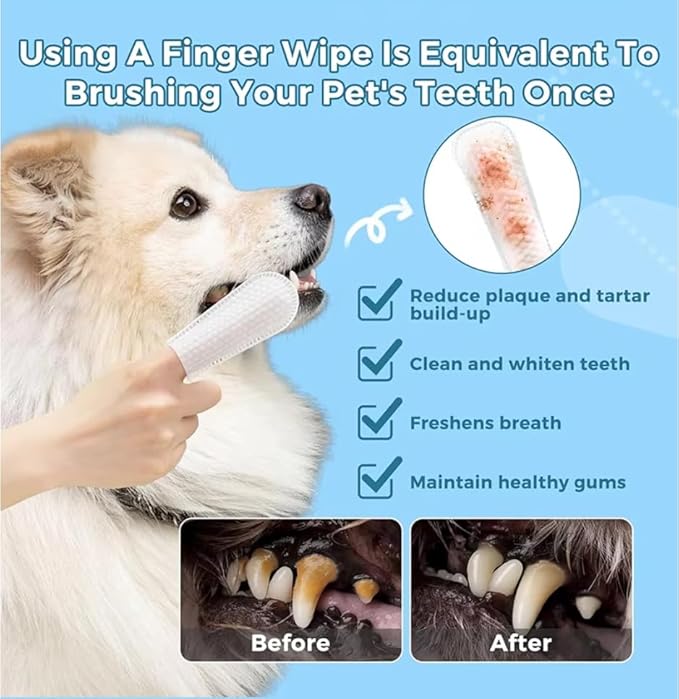 Dog Teeth Cleaning Finger Wipes, 100pcs Pet Dental Care Finger Wipes for Dogs and Cats Removing Plaque and Tartar Buildup, Freshens Breath -- Safe Ingredients Disposable No-Rinse Pet Finger Toothbrush