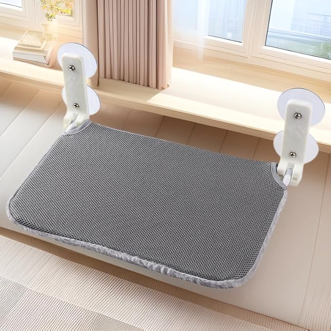 Foldable Cat Window Hammock with Dual Heavy-Duty Suction Cups - Plush Mesh Bed & Jumping Perch for Indoor Cats, Wall Mounted Space-Saving Design (Grey)