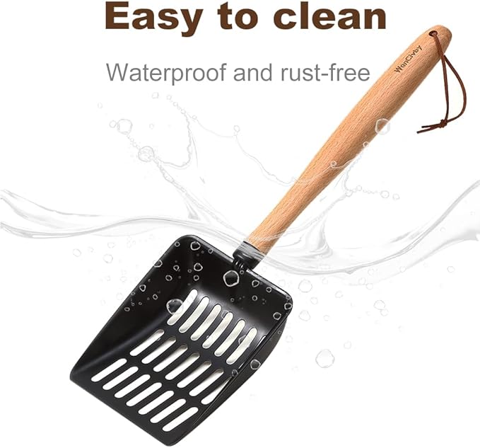 Premium Cat Litter Scoop with Ergonomic Beech Wood Handle - Stainless Steel Sifter with Hook & Hole for Easy Cleaning, Durable & Odor-Free (Teflon Long)
