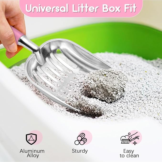 Cat Litter Scoop, Metal Cat Scooper, Plastic Handle Scoop, Sifting Shovel – Heavy Duty Aluminum Alloy Litter Box Scoop with Deep Mesh, Design for Easy Waste Removal and Cleaning(Pink)