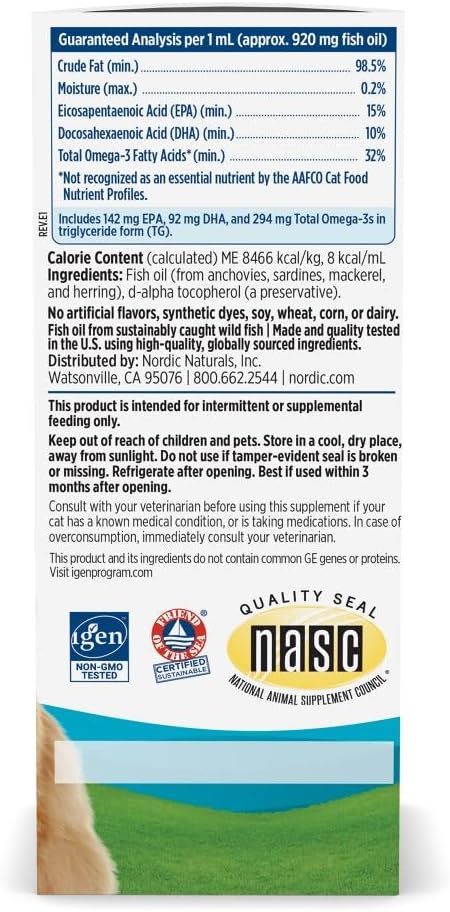 Nordic Naturals Omega-3 Cat, Unflavored - 2 oz - 304 mg Omega-3 Per One mL - Fish Oil for Cats with EPA & DHA - Promotes Heart, Skin, Coat, & Immune Health - Non-GMO