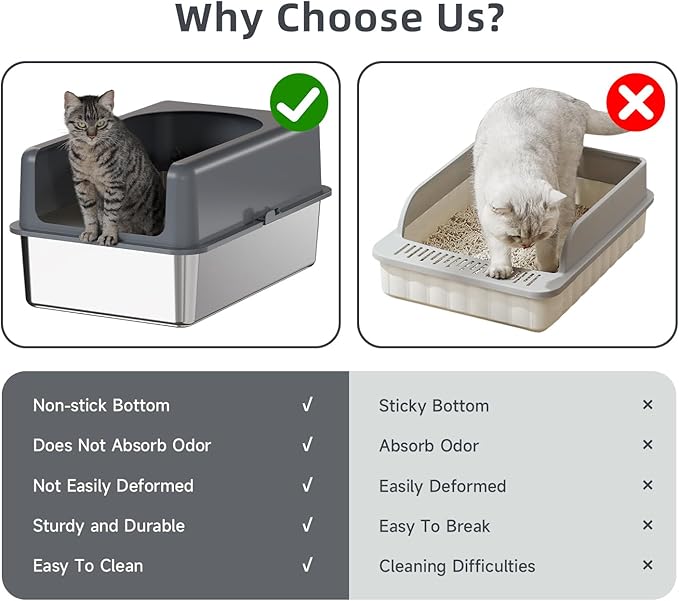 High-Sided Stainless Steel Cat Litter Box,Stainless Steel Litter Box with Lid,Extra Large,Easy-to-Clean Metal Litter Pan for Cats (24''L X 16''W X 12''H with Enclosure)
