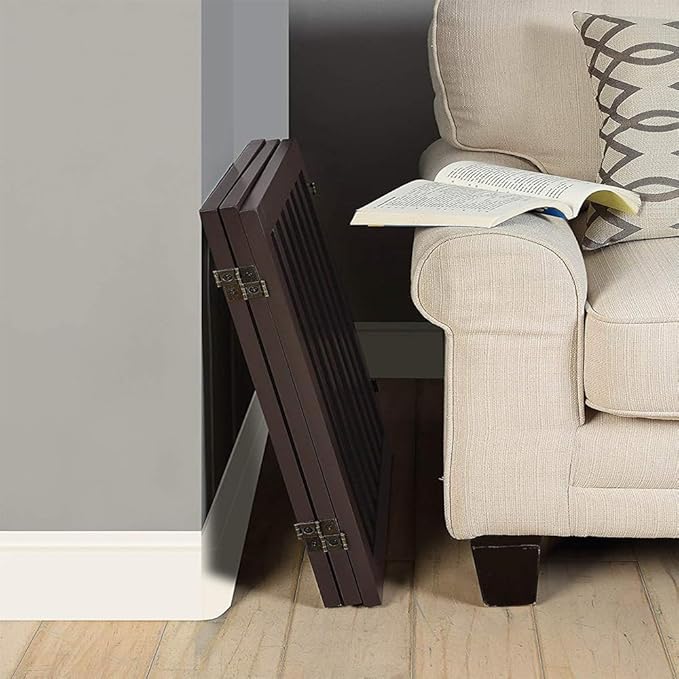 unipaws 24" H Free Standing Pet Gate for Dog Cat, Wooden Dog Gates for Doorway, Stairs, Step Over Foldable Pet Fence for The House, Expandable Dog Barrier, Indoor Use, Espresso