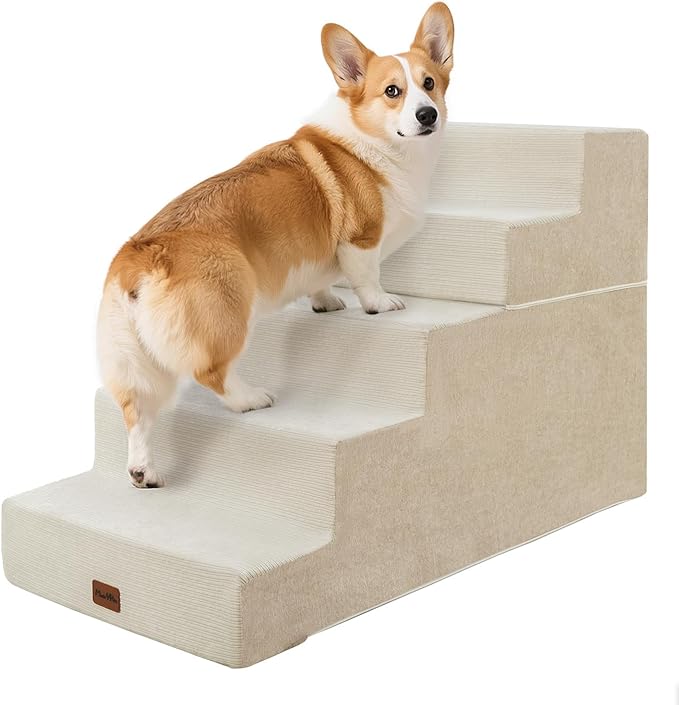 Made4Pets Dog Stairs for High Bed, Extra Wide Pet Stairs for Bed Couch Sofa, 35D Foam Pet Steps for Small Dogs and Cats(Up to 40lbs), Non-Slip Bottom Dog Steps, Beige, 5 Steps