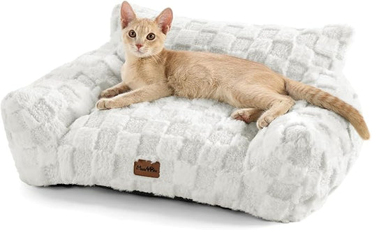 MADE 4 PETS Cat Beds for Indoor Cats, Cat Couch Bed, Soft Faux Fur Checkered Pet Sofa, Calming Fluffy Kitten Sofa with Supportive Foam, Removable Washable Cover with Non-Slip Base, White, Small