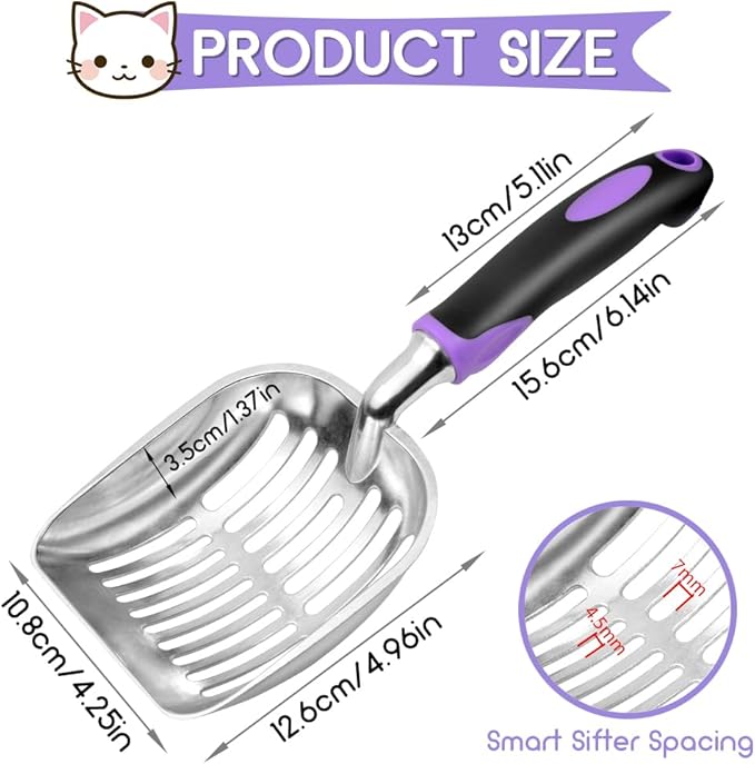 Cat Litter Scoop, Metal Cat Scooper, Rubber Handle Scoop, Sifting Shovel – Heavy Duty Aluminum Alloy Litter Box Scoop with Deep Mesh, Design for Easy Waste Removal and Cleaning(Purple)