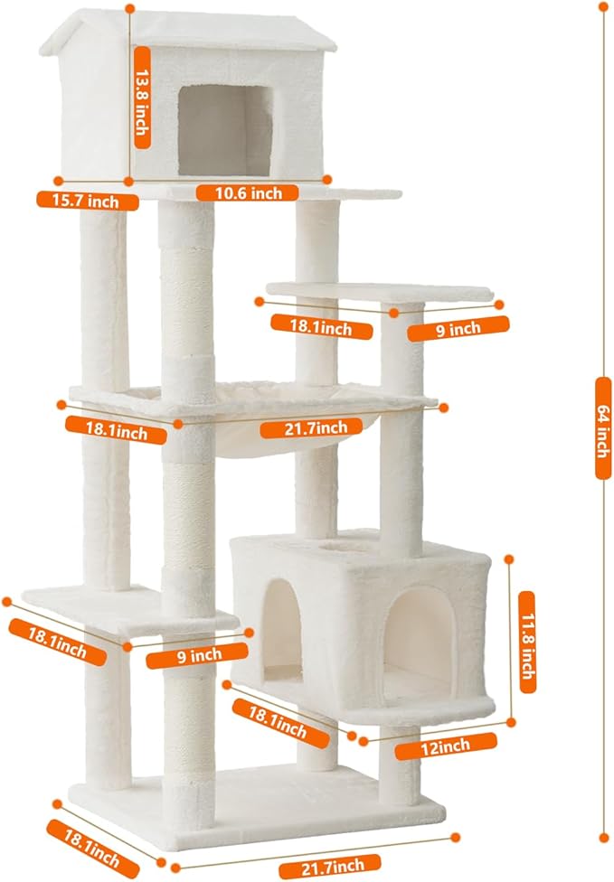 64 Inches Multi-Level Large Cat Tree Tower with Cat House for Indoor Cats/Cozy Perches/Cat Condo/Sisal Scratching Posts/Hammock/Cat Activity Center Play House/Wide Base