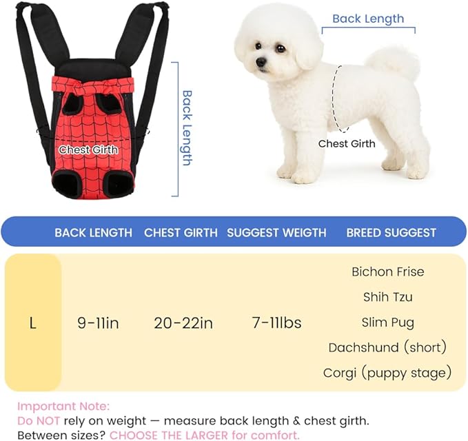 Dog Backpack Carrier, Front Pocket for Essentials, Pet Sling Front Backpacks for Small Medium Dogs 7-11 Lbs, Legs Out, Adjustable Wearable Puppy Chest Travel Bag, Easy-Fit for Hiking/Walking/Camping