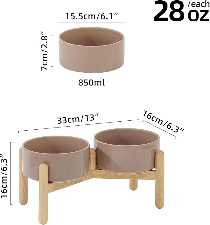 Ceramic 6.1inch Raised Dog Bowl with Stand for Small and Medium Breed Dog Dish Pet Food and Water Bowl (Double Bowl with Stand - Brown Coffee, 28oz)