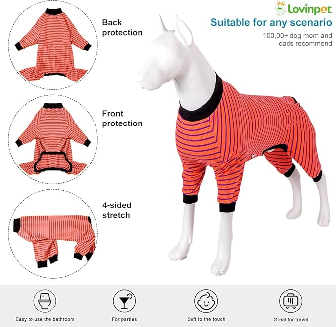 LovinPet Dog PJS Apparel for Medium Dogs, Pitbull Pure Cotton Pink Red and Purple Stripe Dog Shirt, 4-Legged Design, Full Body Coverage, Pajamas for Pitbulls, Onesies for Dogs, XL