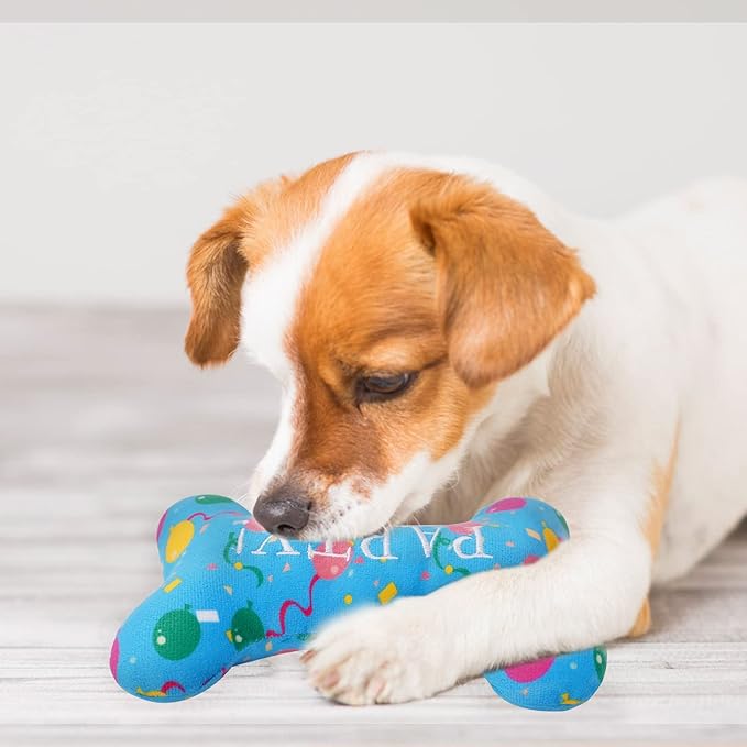 SCENEREAL Dog Birthday Party Gift Squeaky Dog Toys - 4 Packs Pet Plush Toy Durable Cute Bone Interactive Dog Stuffed Toys with Squeaker Chew Toys for Small Medium Dogs Puppies (Bone Pattern)