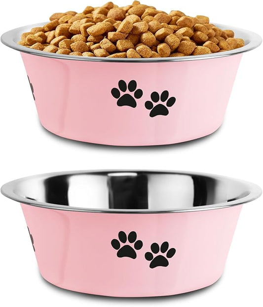 Stainless Steel Dog Bowls, Nonslip Rubber Bottom No Spill Proof Skid Metal Insulated Dog Bowls for Large Medium Small Breed Dogs (Pink, 8.5 Cups/71 OZ)