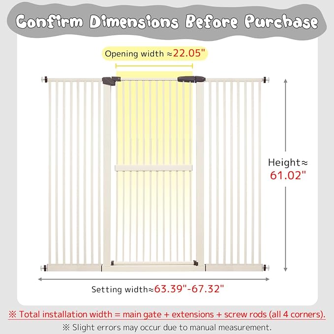 Lumizone Extra Tall Cat Gate 61.02" High Pressure Mounted Extra Wide 63.39"-67.32" (17Sizes) 1.37" Gap No Drilling Auto-Close Tall Pet Gate for Dogs (Cream, 63.39"-67.32"/161-171cm)