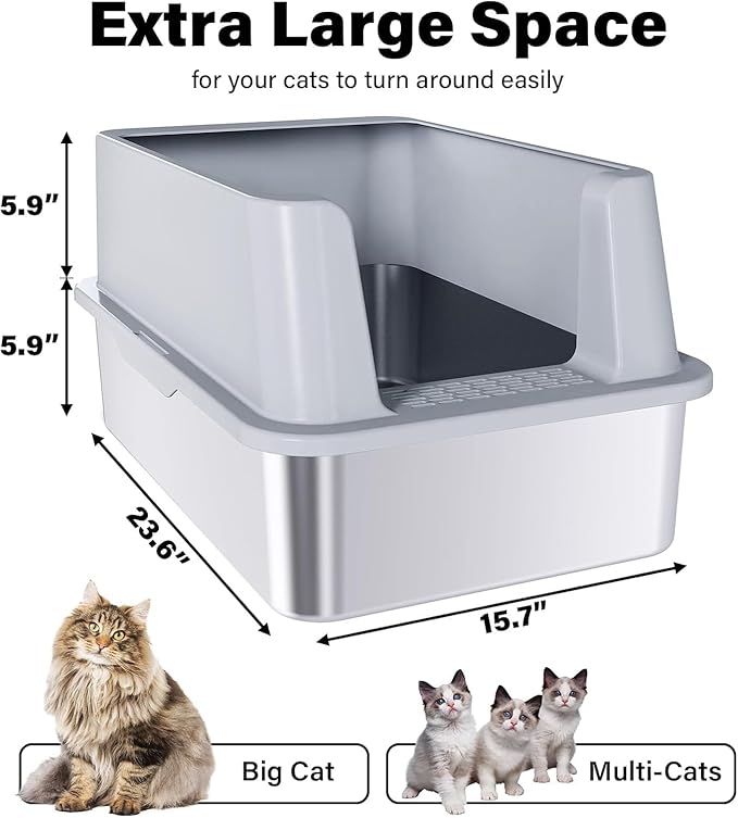 2 Pack Stainless Steel Litter Box, XL Extra Large Cat Litter Boxes for Big Cats, Metal Litter Box with High Sided Lid, Anti-Urine Leakage, Never Absorbs Odors, Easy Cleaning, Non-Stick, Include Scoop