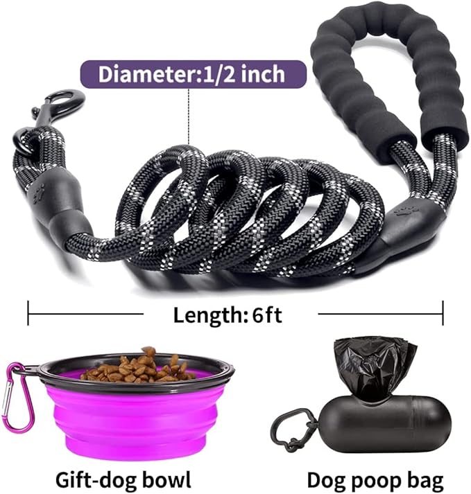 COOYOO 2 Pack Dog Leash 6 FT Heavy Duty - Comfortable Padded Handle - Reflective Dog Leash for Medium Large Dogs with Collapsible Pet Bowl Set 3-Black+Purple