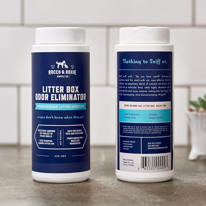 Rocco & Roxie Litter Box Odor Eliminator, Best Natural Urine Deodorizer for Cat Litter Boxes Cats Smell Control, Odor Absorber, Safe for Kitty, 12 oz