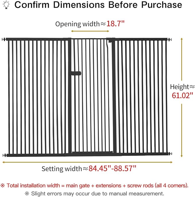 Lumizone Extra Tall Cat Gate 61.02" High Pressure Mounted Extra Wide 2025 New (17 Sizes) 1.37" Gap No Drilling Auto-Close One-Handed Operation Tall Pet Gate for Dogs(Black,84.45"-88.57"/214.5-224.5CM)