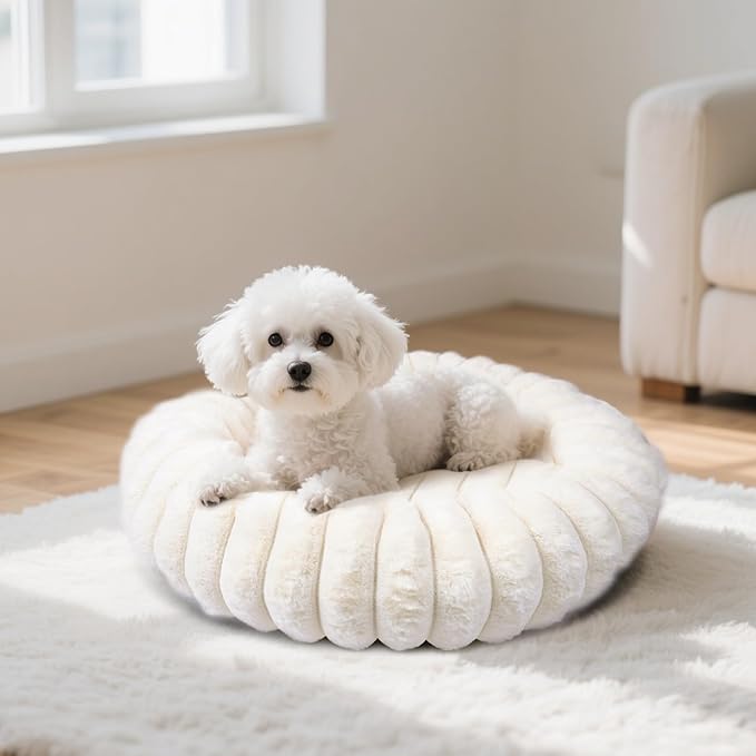 Donut Dog and Cat Bed, Luxurious Comfortable Faux Rabbit Fur Pet Beds, Round Anti-Anxiety Calming Puppy Kitten Bed with Anti-Slip Bottom for Small Dogs & Cats(20", White)