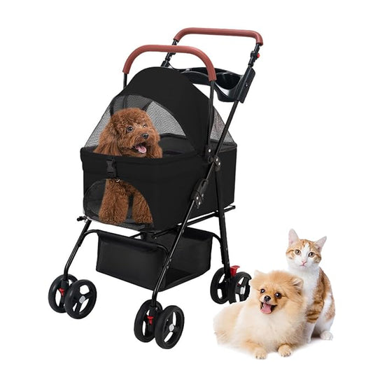 Pet Stroller-Folding 4 Wheels Cat/Dog Stroller for Medium Small Pets with Storage Basket and Cup Holder Suitable for Going Out and Traveling (Black)