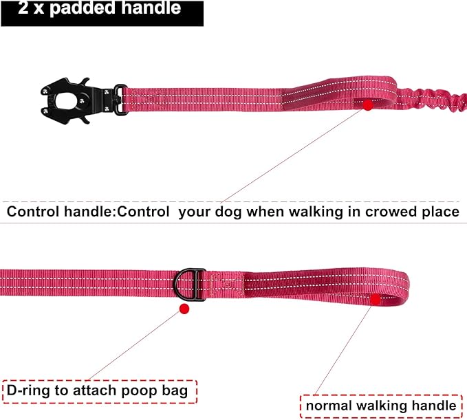 ICEFANG Tactical Dog Leash,K9 Training Walking Bungee Lead with 2 Control Handle,Heavy Duty Quick Release Metal Clasp,for Medium Large Breed (Reflective Rose, 6 FT)