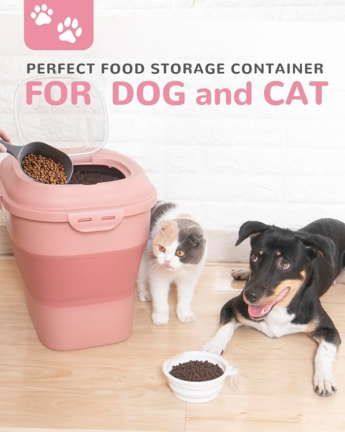 30-35 Lbs Dog Food Storage Container Collapsible Dog Food Container with Airtight Lids, Wheels, Scoop and 2pcs Food Storage Containers, Large Pet food storage for Dog, Cat (Pink)