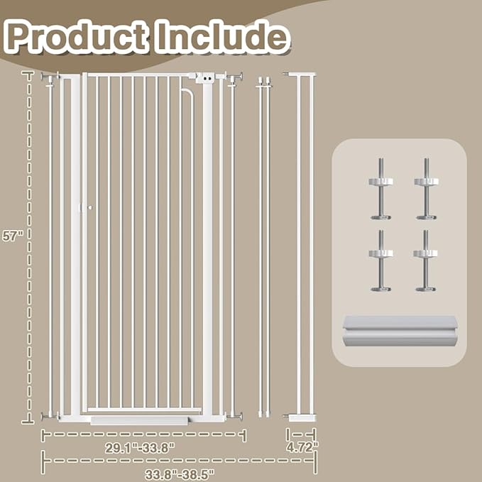 57" Extra Tall Cat Gate for Doorways, 29.5"-38.5" Tall Pet Gates for Cats Walk Through, Auto Close High Baby Gates with Door, Child Safety Gate Indoor Stairs, Cat Proof Gate for Dogs, White