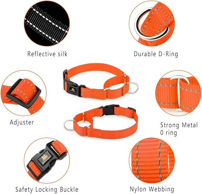 PLUTUS PET Reflective Martingale Collar with Quick Snap Buckle,No Pull Dog Choker Collar for Small Medium Large Dogs,S,Orange