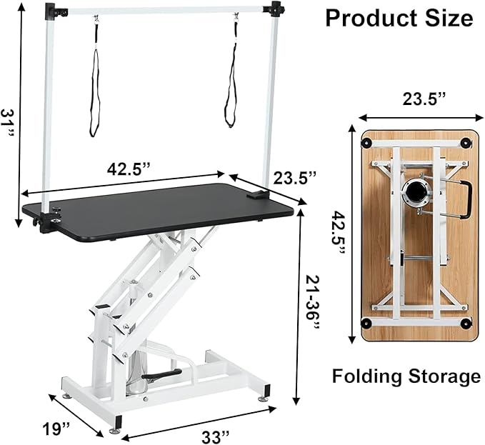 Hydraulic Pet Grooming Table for Large Dogs Professional Heavy Duty Adjustable Height - Portable Trimming Table Drying Table w/Arm/Noose, Maximum Capacity Up to 330Lb, 42.5''/ Black