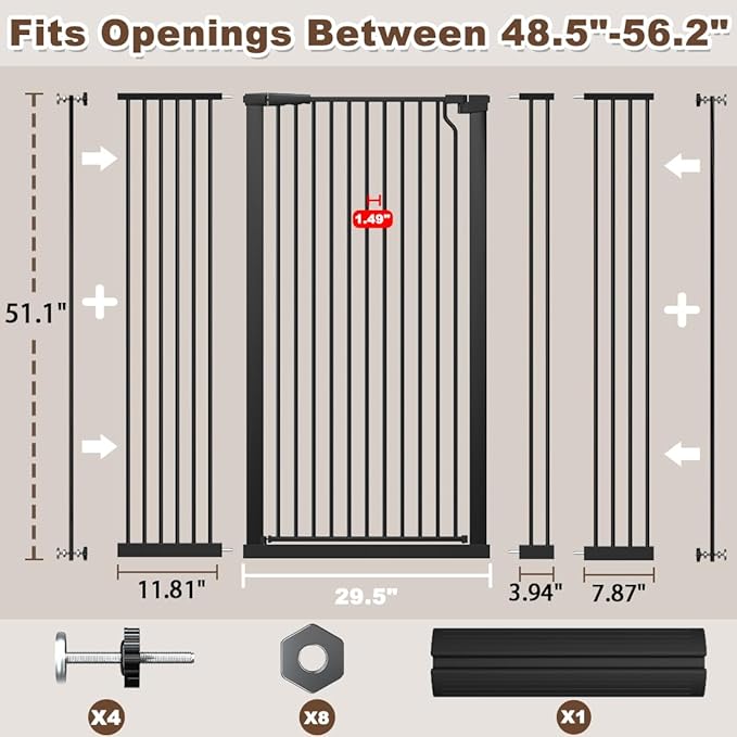 Fairy Baby 51.18" Extra Tall Pet Cat Gate, 48.5"-56.2" Extra Wide Baby Gate for Doorways Stairs Hallway Kitchen, Tall Cat Safety Gate Pressure Mounted, Walk Thru Auto Close Metal Dog Gate, Black