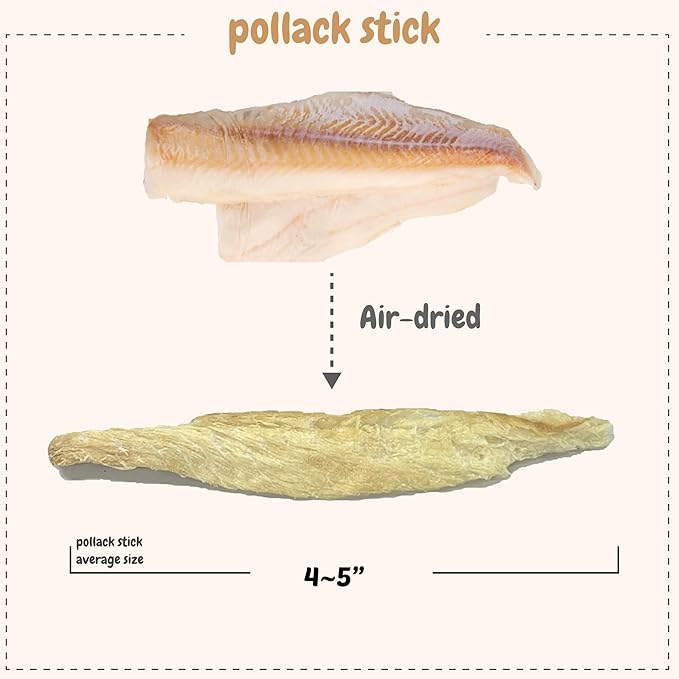 Puppyluv Air Dried Pollock Stick Dog & Cat Treats - Wild Caught, Single Ingredient, Natural, High Protein & Fish Oil, Grain Free, Gluten Free, 2.5oz