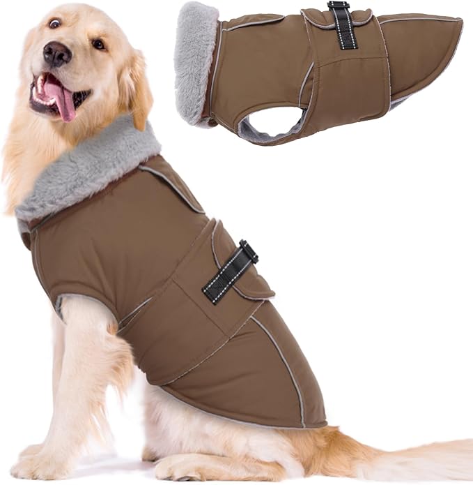 Lelepet Warm Dog Coat Reflective Fleece Vest Waterproof Dog Jacket with Adjustable Buckle Hook & Loop Windproof Cold Weather Coats for Small Medium Large Dogs, Brown, XXL