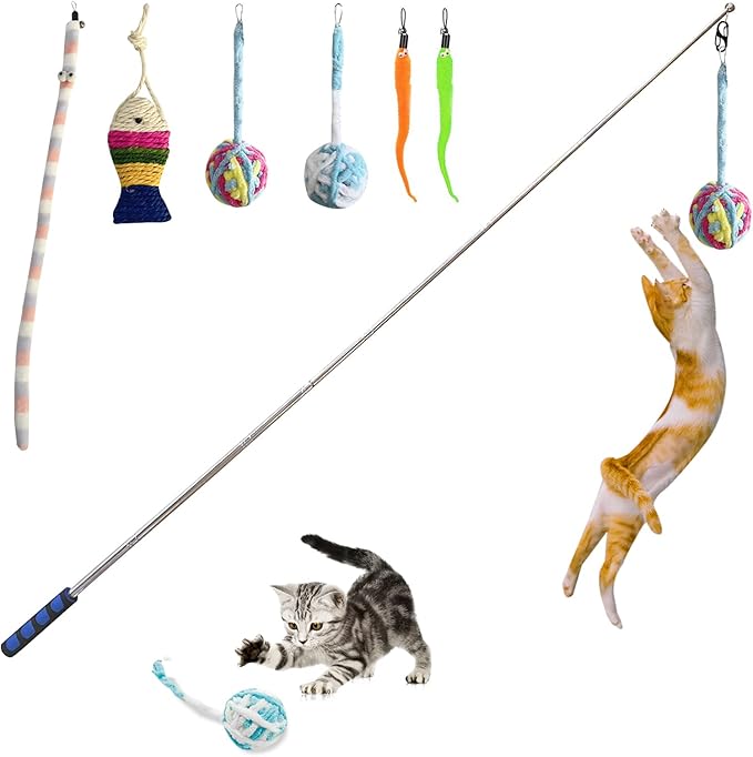 Retractable Cat Wand, 7 Pack Super Long 55.1" Wand Toy with Ball of Yarn, Feather Teasers - Interactive Indoor Cat Toys for Kittens & Cats