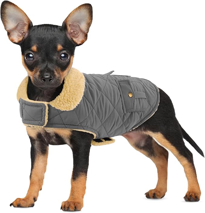 Dog Winter Coat for Small Dogs, Puppy Plaid Jacket, Pet Coat for Cold Weather, Windproof Warm Dog Jackets, Pet Thickened Outfits Indoor Outdoor, Grey XS