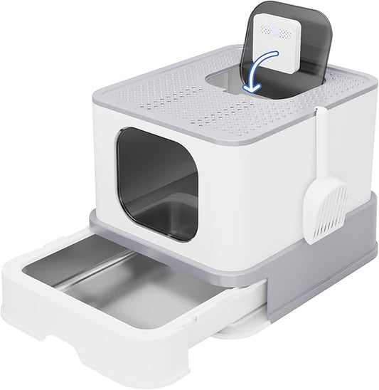 RIZZARI Stainless Steel Litter Box: Large Light Gray Enclosed Odor Control Litter Pan with Easy Clean Design for Multi-Cat Homes - Big Cats & Apartments