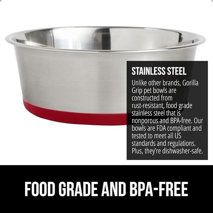 GORILLA GRIP Set of 2 Dog Bowls, Holds 4 Cups (32 fl oz), Heavy Duty Metal Food and Water Bowl for Feeding Dogs and Cats, Dishwasher Safe, Rust Resistant Stainless Steel, BPA Free Rubber Base, Red