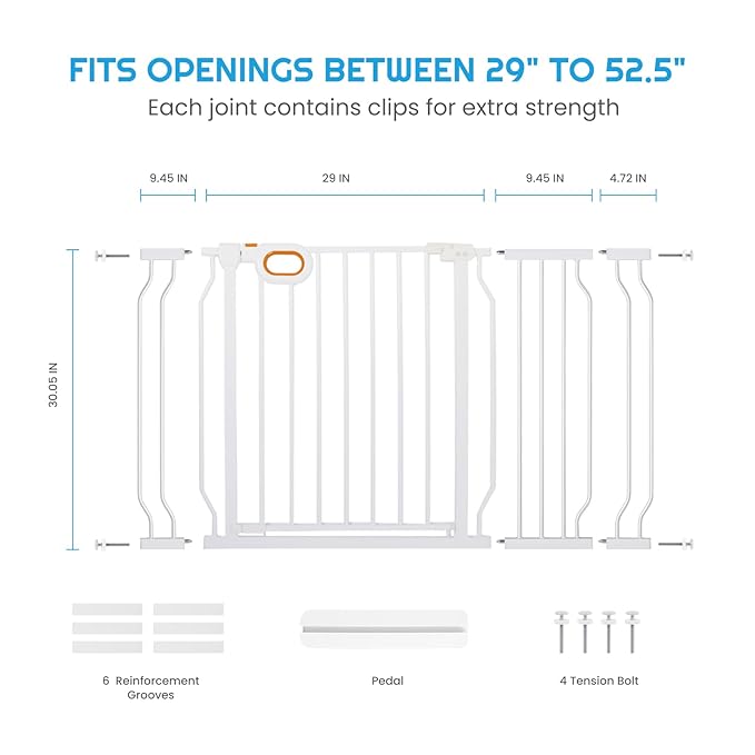 Baby Gate for Stairs 29-52 Inch Wide, Safety Gate for Baby Adjustable Pet Gate with Door Pressure Mounted Gates for Kids Toddler Dogs Extension Kit Indoor Stairway Doorway White (30.5'' Tall)