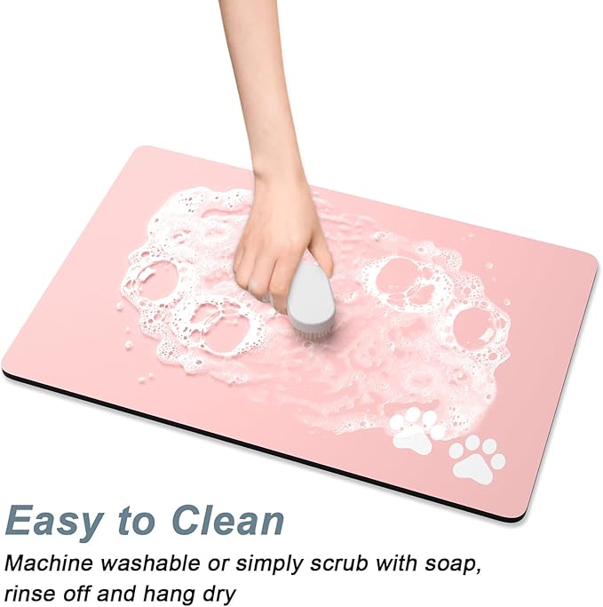 Rnivvi Dog Food Mat, 12" x 19" Footprint Absorbent Dog Cat Bowl Mat for Food and Water, Cute Anti-Slip Rubber Pet Feeding Rug Protect Floors, Puppy Placemat for Feeding & Watering Supplies, Pink